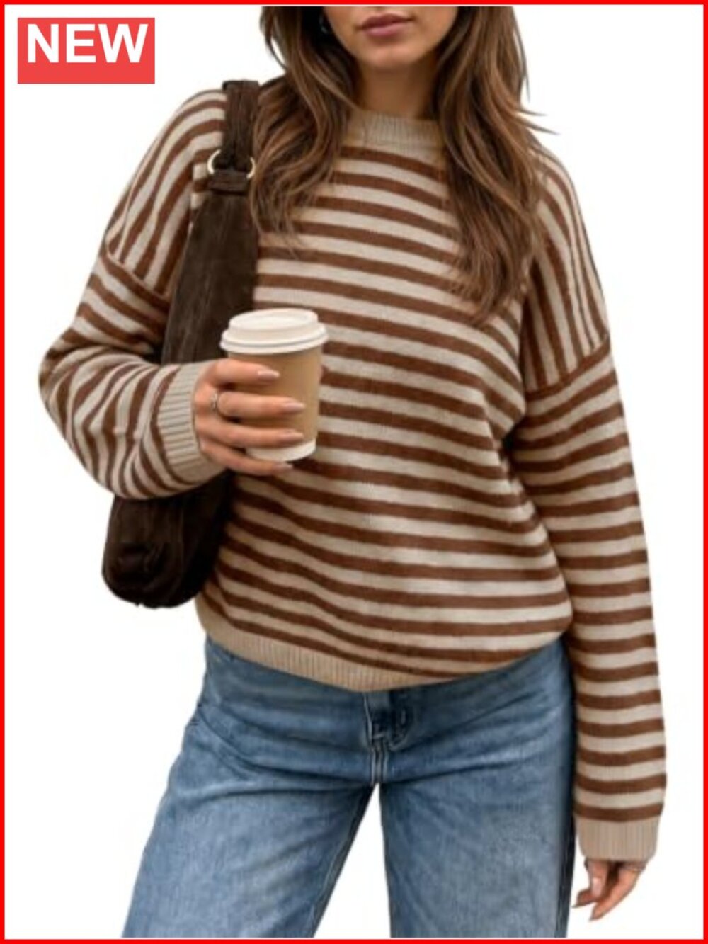 Women's Oversized Crew Neck Striped Knit Pullover Sweater Fall Casual